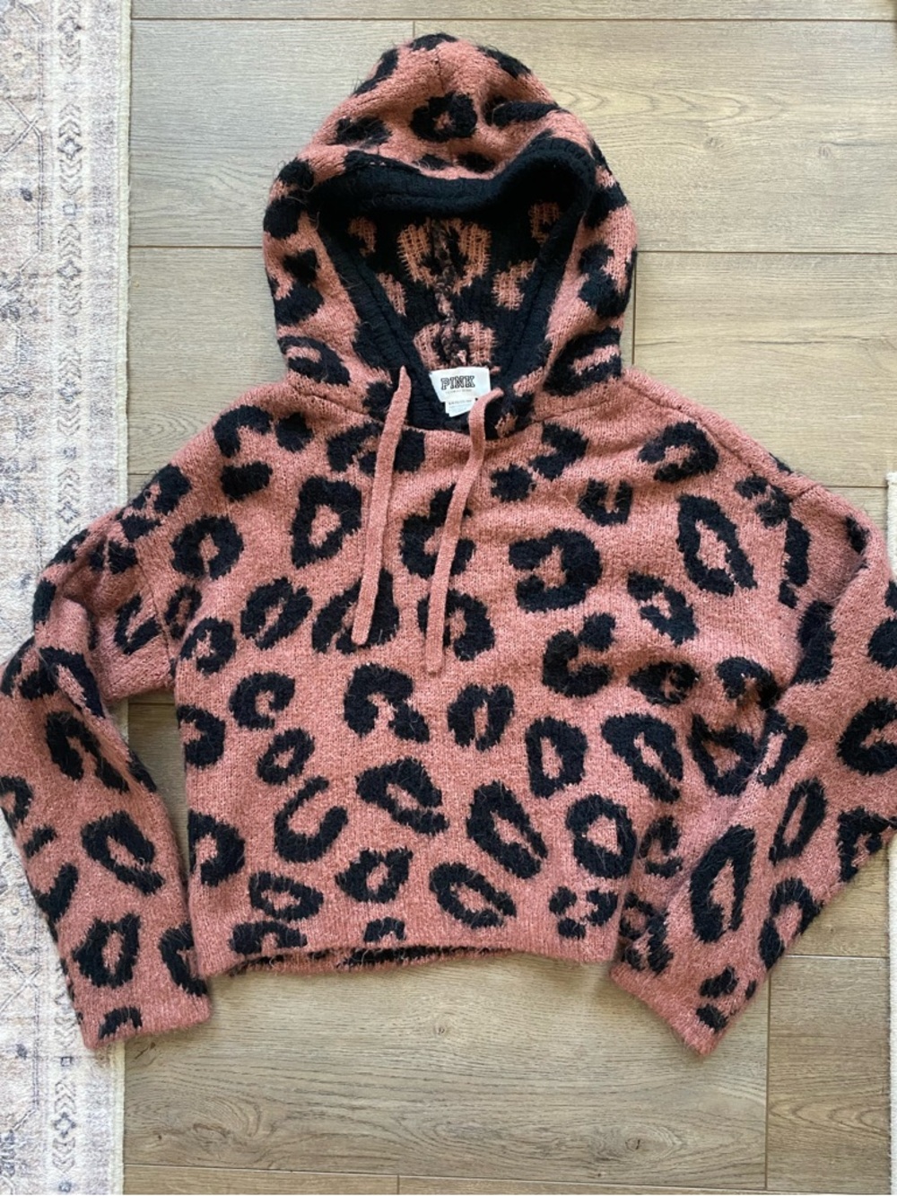 PINK Victoria's Secret Fuzzy Leopard Knit Hoodie - Rose & Black Small
